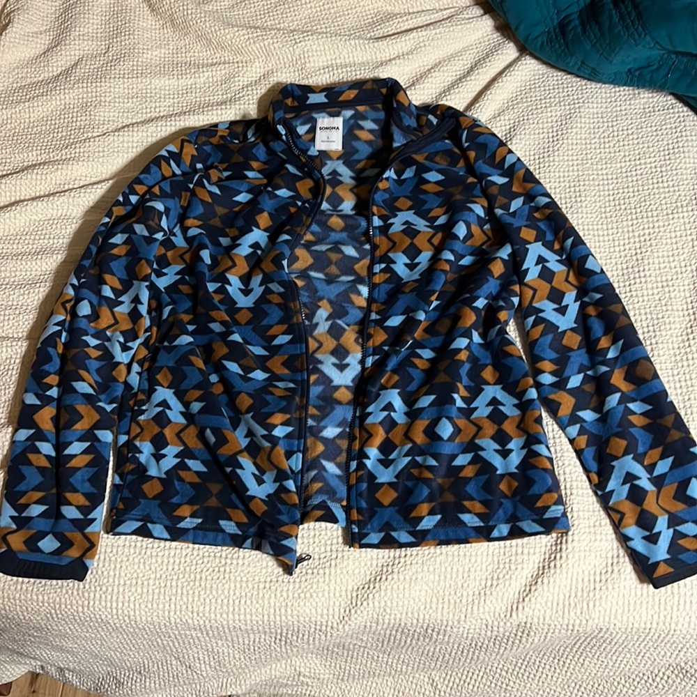 Men's large, Sonoma, full-zip Aztec design jacket. blues, orange, brown